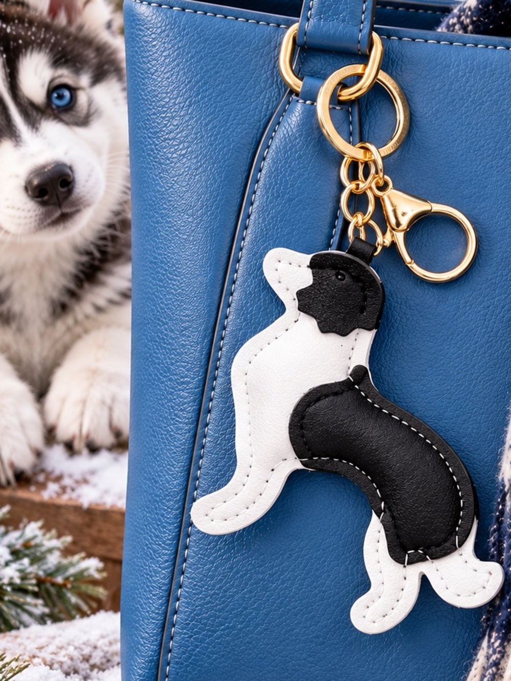 Black & White Dog Faux Leather Keychain / Bag Charm